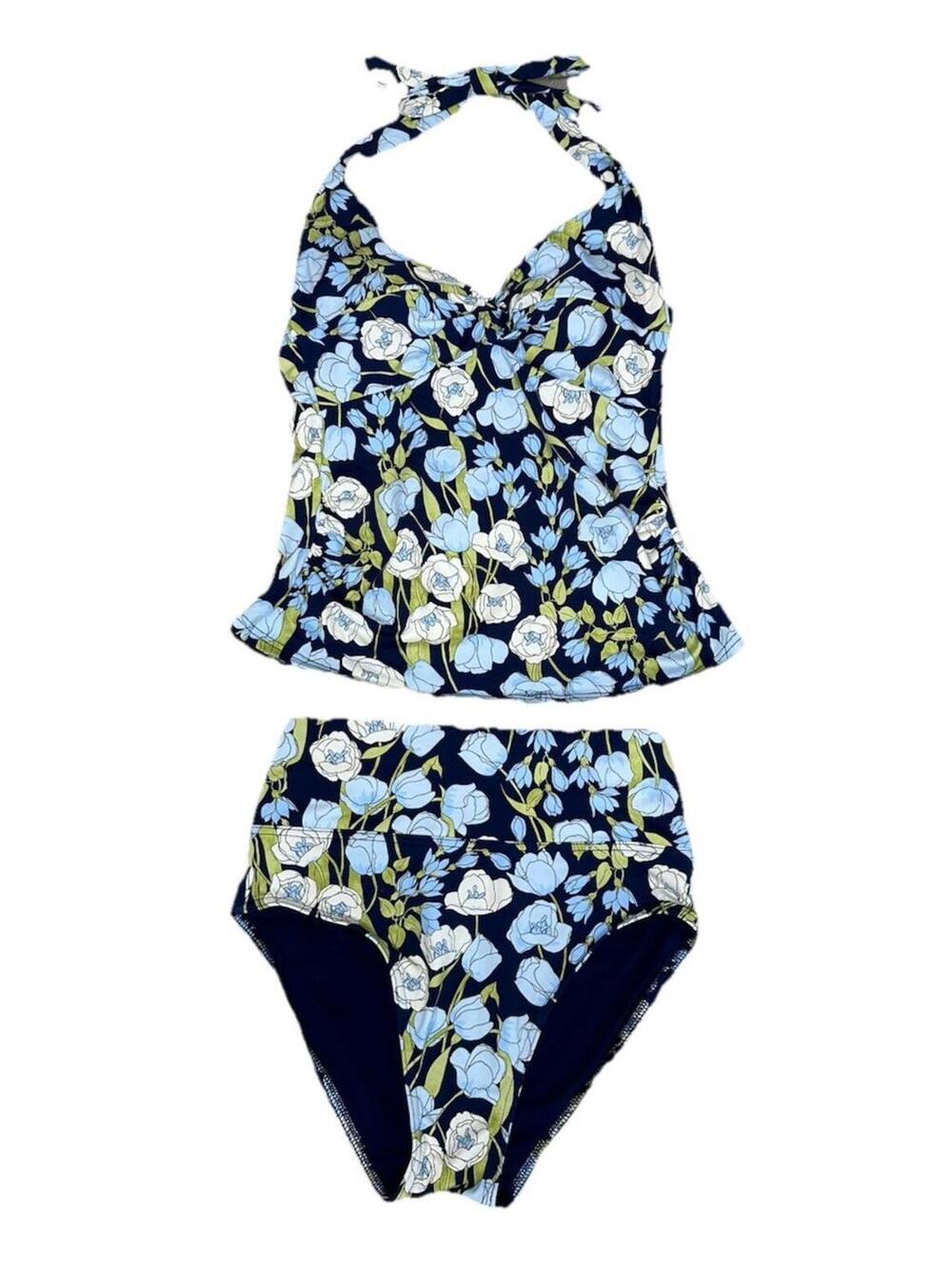 Lands End Two Piece Bathing Suit 4 High Waist Tankini Halter Blue Floral NWOT